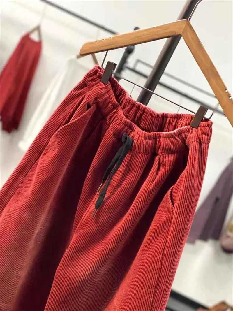 Ladies Large Size 4XL Corduroy Pantalons 2024 Female High Waist Add Velvet Casual Trousers Winter Women Loose Fit Lantern Pants
