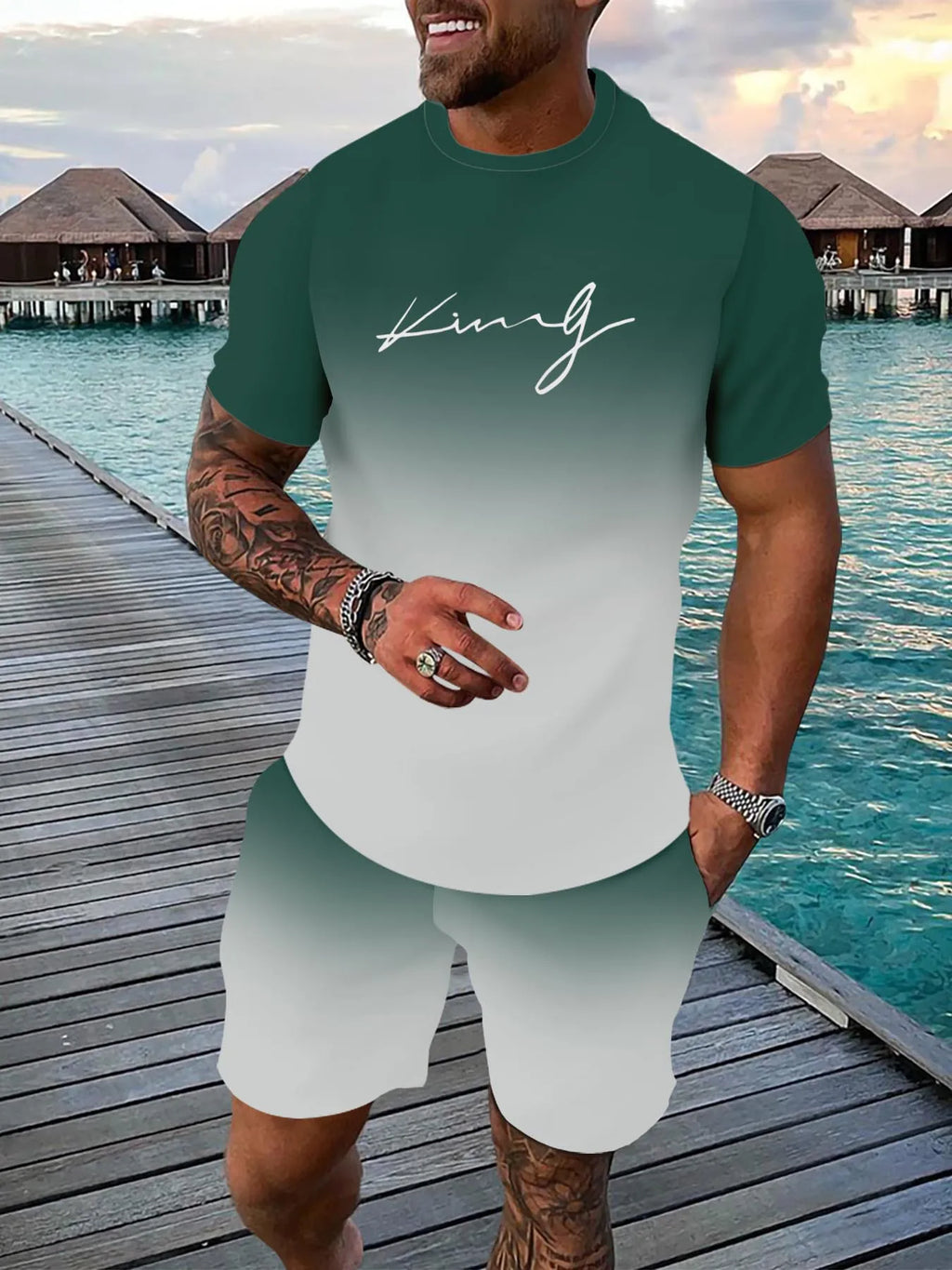 Casual sports suit breathable outdoor casual men's T-shirt five-point pants suit summer 3D printing suit male adult