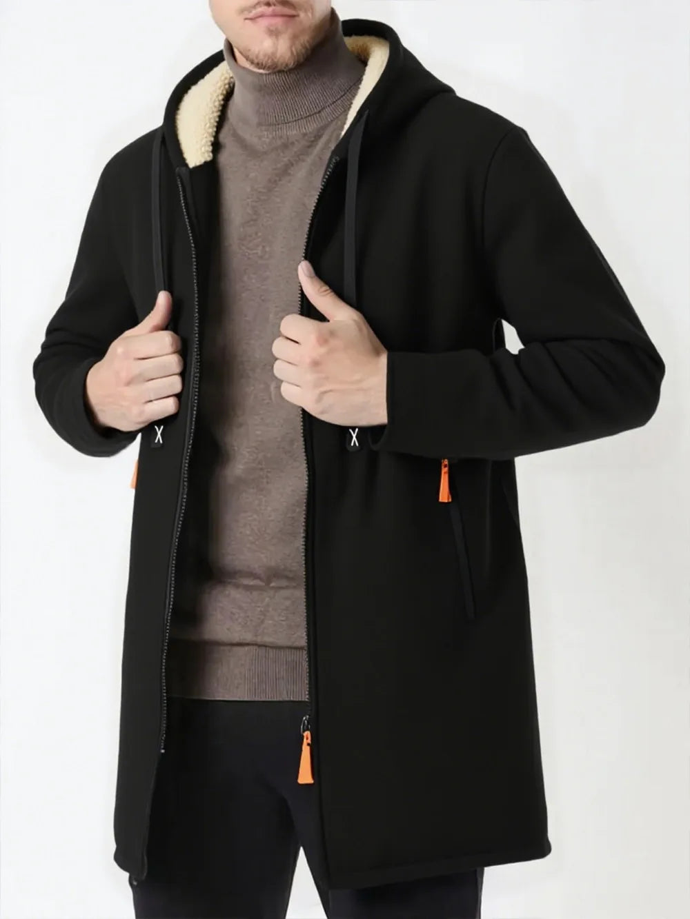 Men's Thickened Long Overcoat Jackets Winter Warm Zipper Hoodies Long Sleeve Sweatshirts Outdoor Solid Color Streetwear Tops