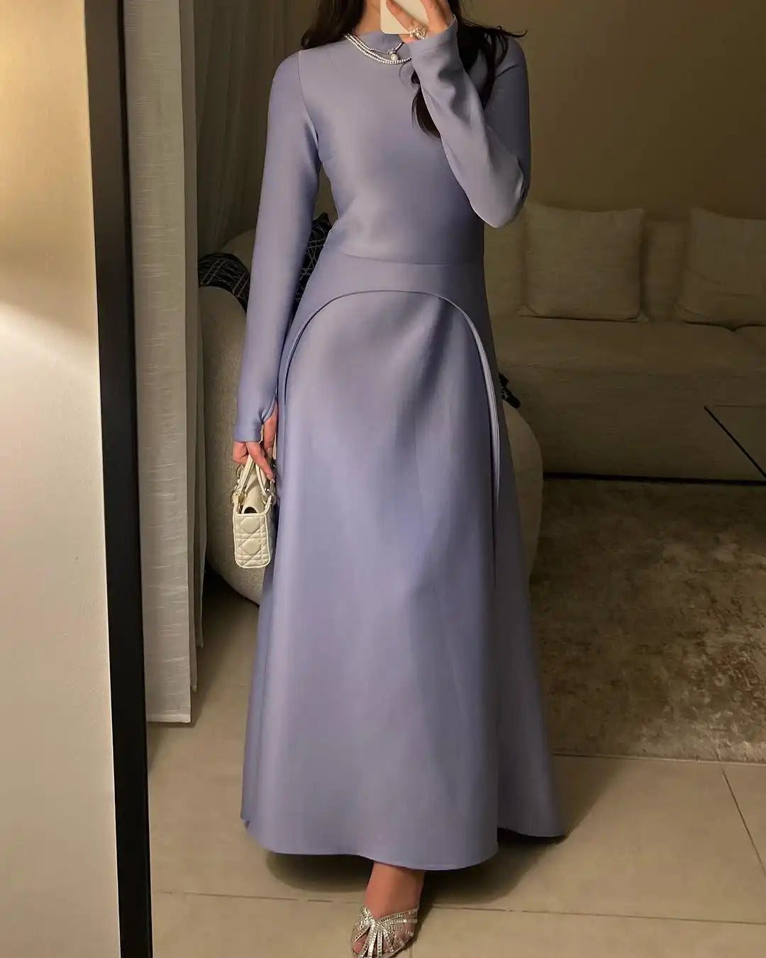 Customized Long Sleeves Evening Dresses O-Neck Prom Dresses Pleated Ankle Length Simple Party Dresses for Women