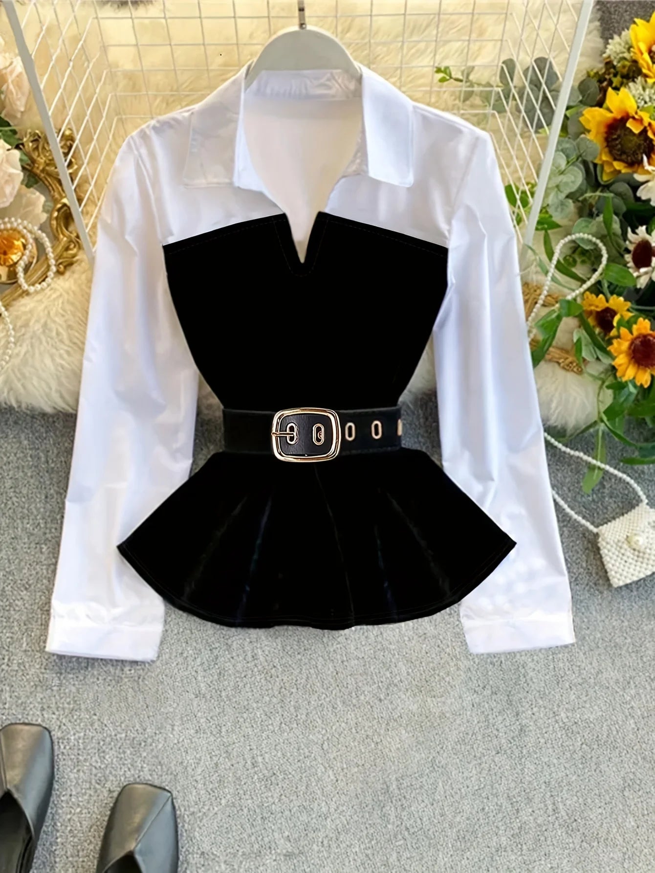 2025 women Plus Size Color Block Layered Shirt: Two-Tone Blouse Design & Belt-Free Comfort for Modern Professional Style