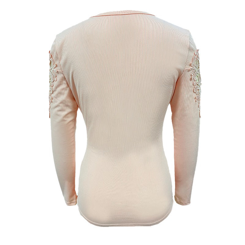 Spring and Autumn Women's Top Round Neck Button Slim Fit Long Sleeve Hollow Out T-shirt