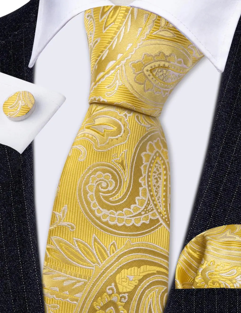 Barry.Wang Gold Beige Yellow Brown Tulip Silk Men Tie Handkerchief Cufflink Set Jacquard Necktie for Male Wedding Business Party