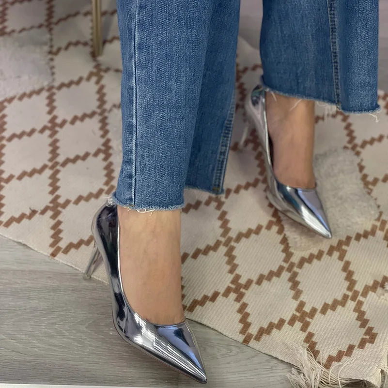 Women Mteallic Bronze Leather Pumps 7.5cm 10.5cm High Heels Lady Stiletto Middle Heels Wedding Bridal Gold Silver Event Shoes