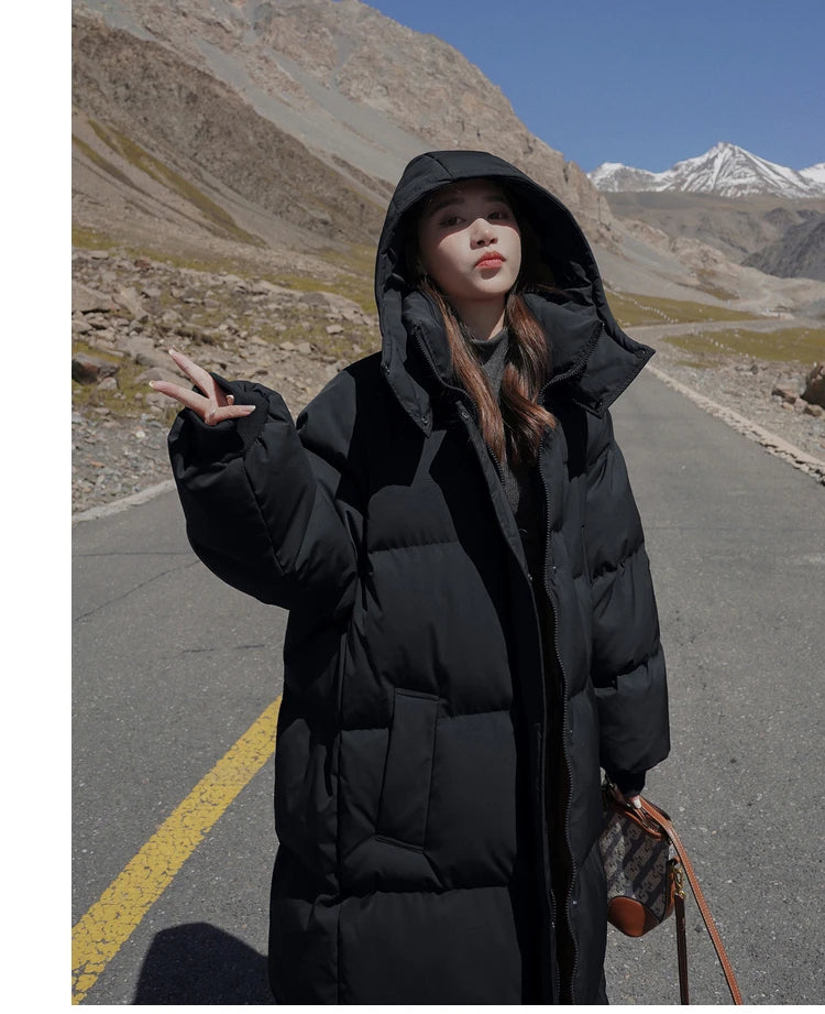 ITOOLIN Women Casual Down Coat Thicken Cotton Warm Hooded Long Coat Long Sleeve Parkas Button Pocket Autumn Winter Office Coat