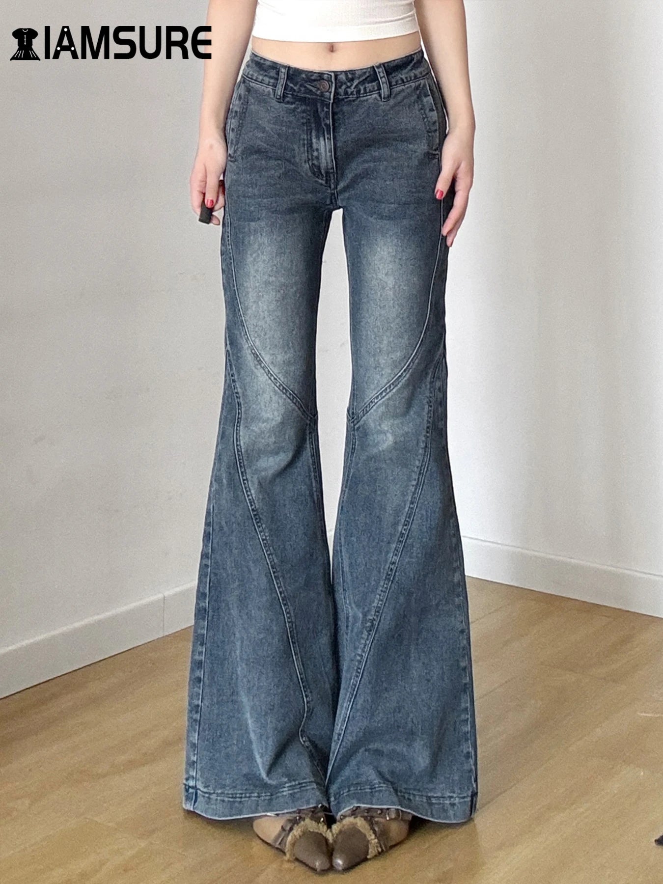 IAMSURE Y2K Casual Slim Pockets Jeans Flare Pants Basic Low Waisted Boot Cut Pants Women 2025 Spring Autumn Streetwear Ladies