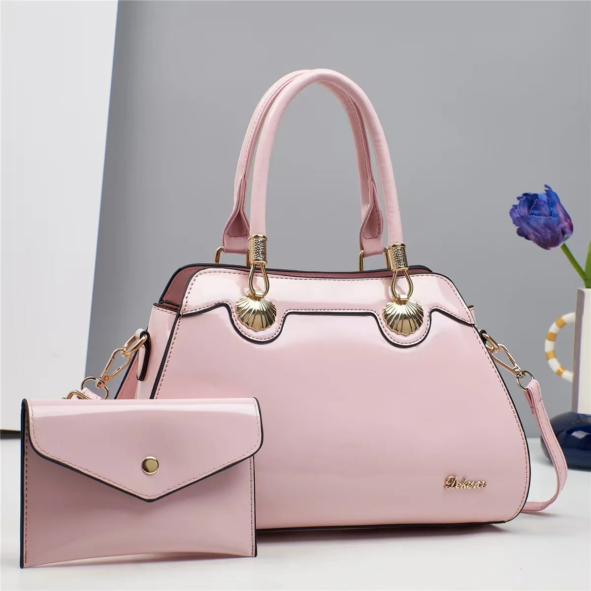 Bright Leather Top-handle Bag For Women Large Capacity Shoulder Bag with Clutch Handbag Purse, Female Shopping Messenger Tote