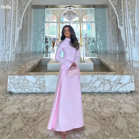 Bella Customized Pink A-line Satin High Neck robes de soirée Long Sleeves Side Slit Party Dresses Floor-Length Prom Dress 2025