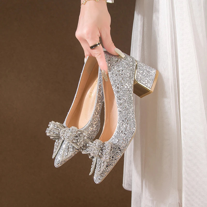 Wedding Shoes for Women 2024 Brand Fashion Women's High Heels Summer Pointed Toe New Crystal Butterfly-knot Bride Shoes