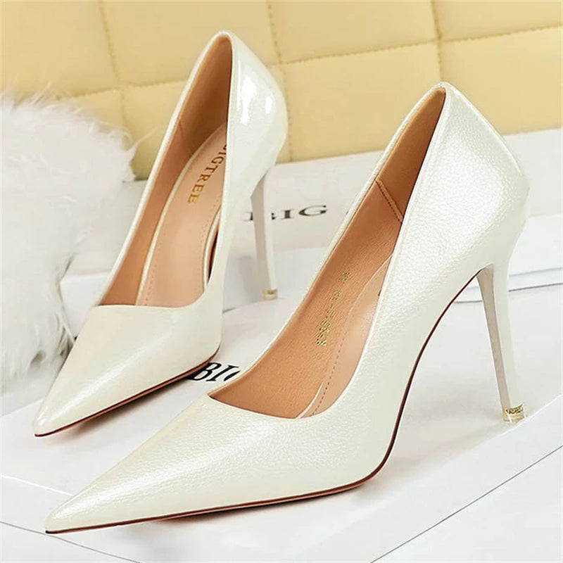 BIGTREE Elegant Simple Woman Heels Slim Heels High Heels Shallow Mouth Pointed Crystal Patent Leather Single Shoes  Women Shoes