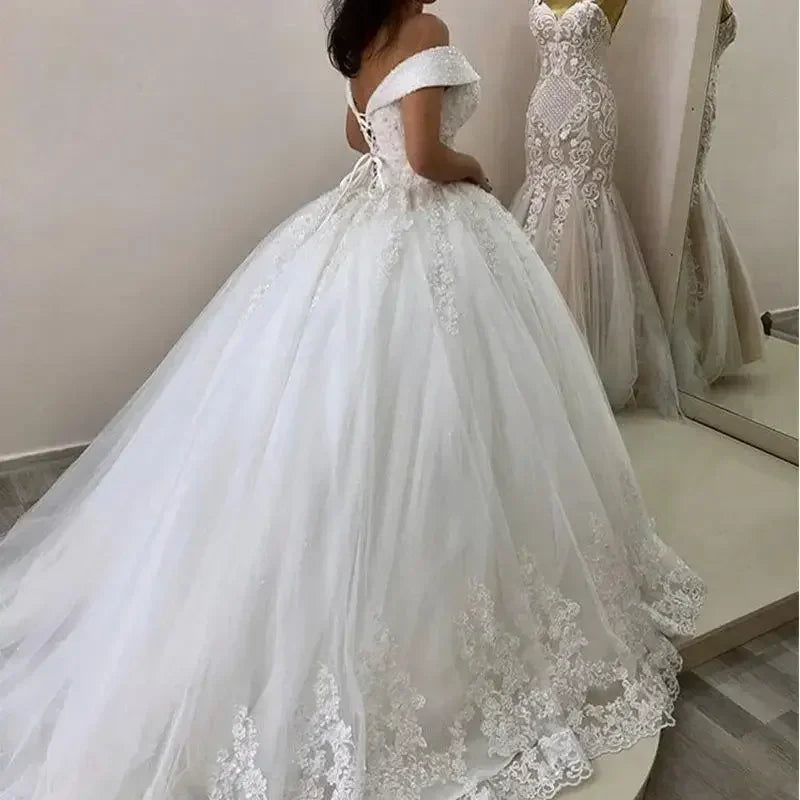 Customized  Off The Shoulder Shinny Beads Appliques Wedding Dress Sweep Train Corset Back Puffy Bridal Gown