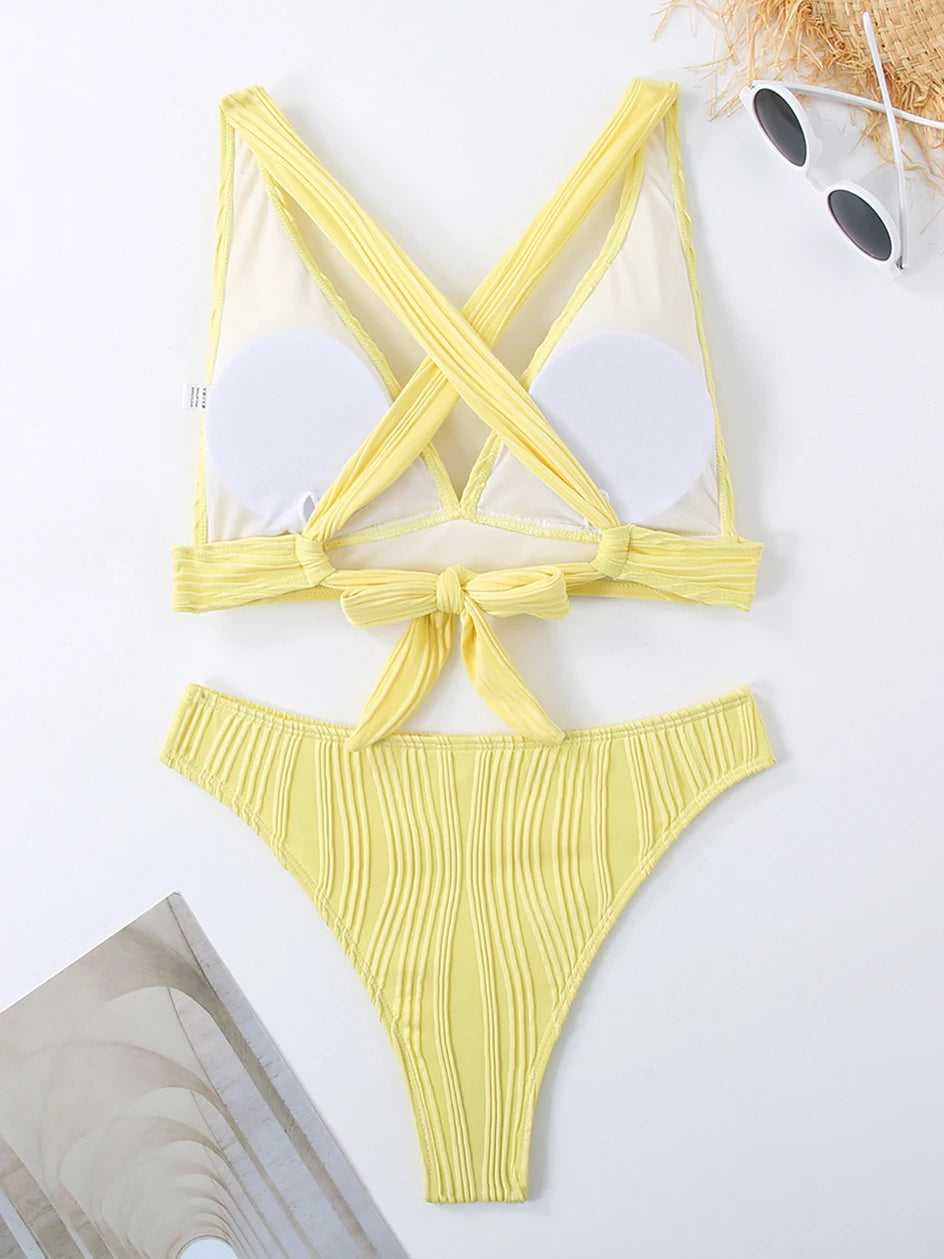 Sexy Criss Cross Tie Back Bikini Women's Swimsuit 2024 Swimwear Trend Bathing Suits Hight Waist Bikinis Sets Push Up Beach Wear
