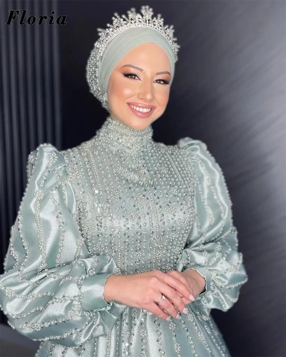Muslim Latern Sleeves Evening Dresses Beaded Crystals Dubai Women Prom Dress High Neck Birthday Bridal Party Gowns Customized