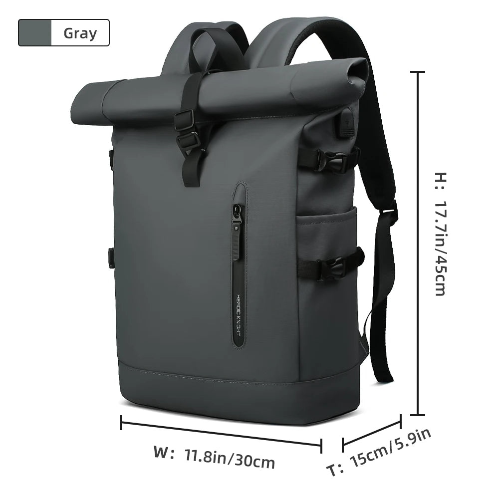 HK Expandable Waterproof Travel Backpack for Men Roll-Top Large Capacity 15.6 Inch Laptop Backpack with USB Hiking Camping Pack