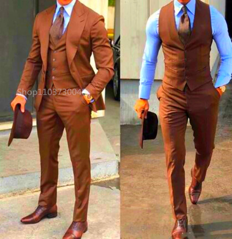 Solid Color Fashion Men Boutique Business Suits Wedding Suit Formal Groom Tuxedos 3 Pcs Set Dress Peak Lapel Blazer Vest Pants