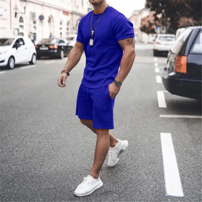 Solid Color Europe and The United States Men's 13 Color Summer New Short Sleeve Tshirt +Shorts 2pcs Set Leisure Sports Men Suit