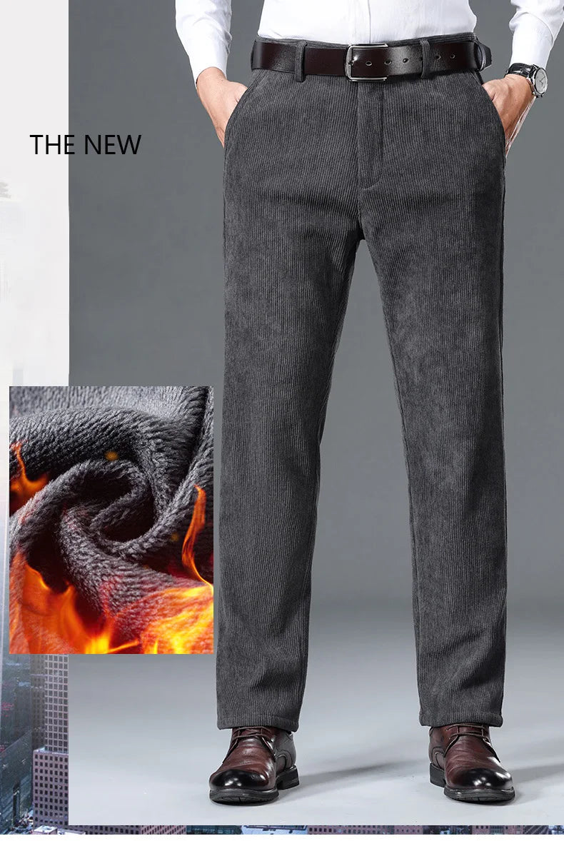 Winter New Corduroy Thick Pants Men's Fleece Fashion Business Straight Trousers Brand Comfortable Velvet Warm Plush Loose Pants