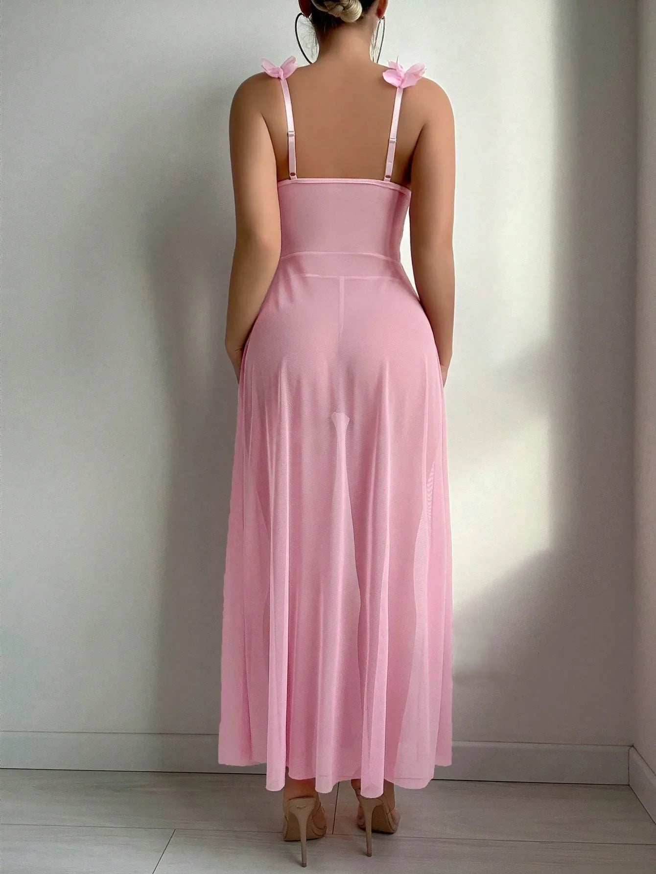 Ellolace FloralLove Lingerie Long Dress Deep-V Neck See Through Lace Night Dress Women Pink Very Sexy Nightwear Nightie Custumes