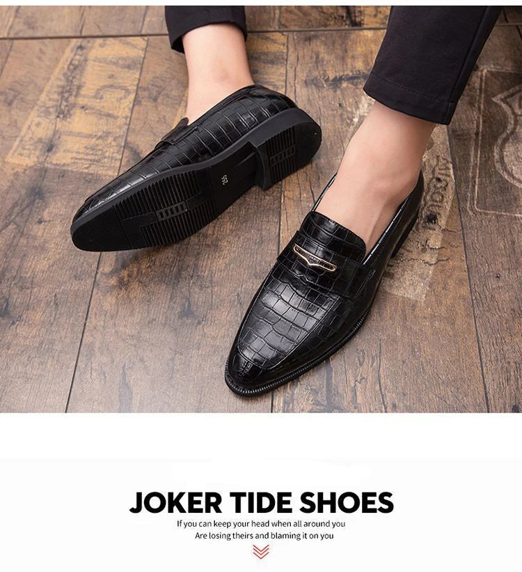 Men's Crocodile Pattern Black Loafers – Pointed Toe Slip-On Wedding Oxford