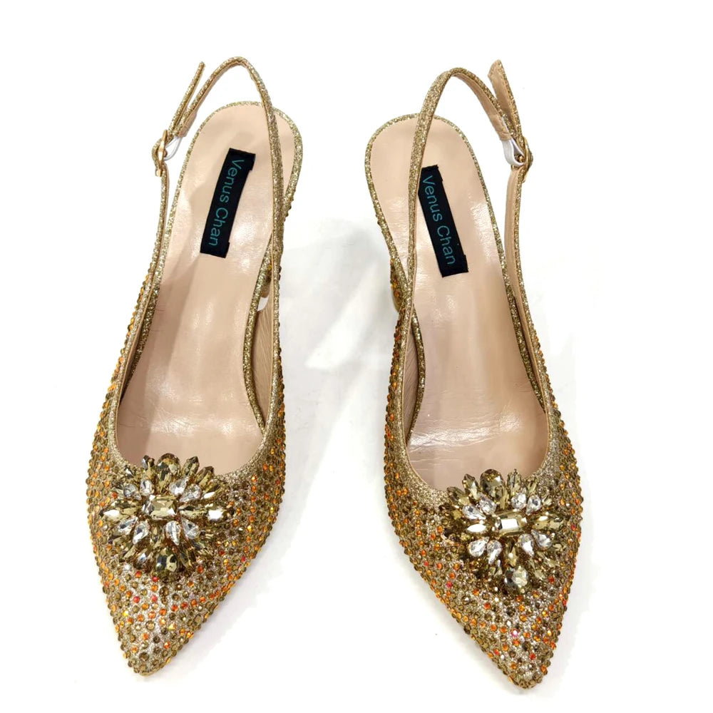 Venus Chan Nigerian Women Heel Party Ladies Italian Design Shoes And Bag Set Decorated with Rhinestone Handbag Wedding Party
