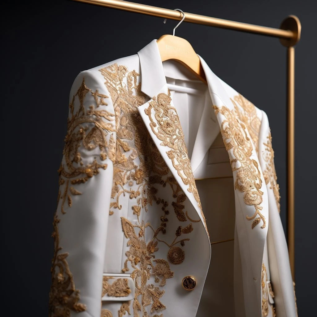 Fashion Wedding Men's Suit Gold Exquisite Embroider Business One Coat Tailor-Made Groom Formal Occasions Size Customized