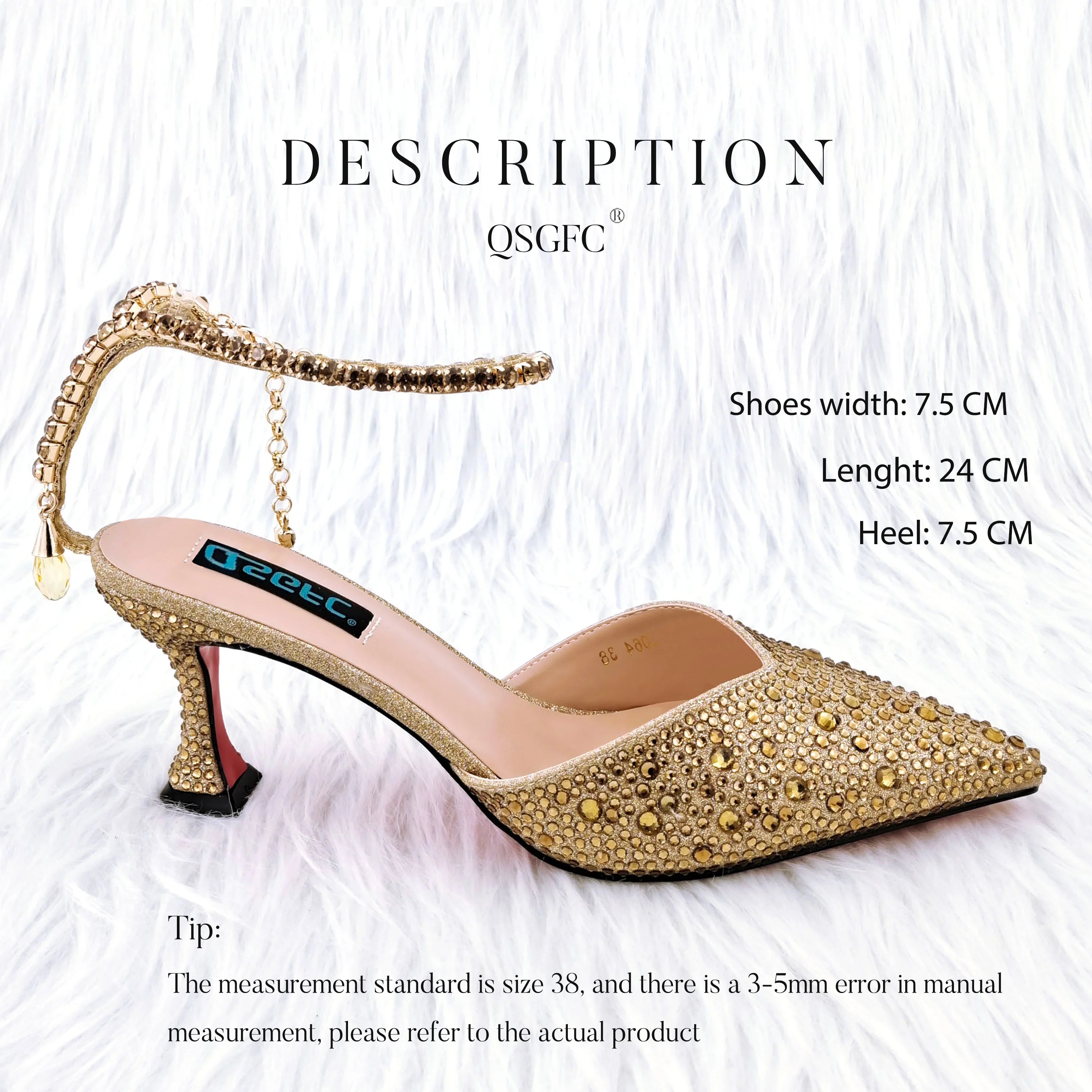 QSGFC New Gold Glitter Fabric Pointed Toe High Heels With A Variety Of Shapes Of Rhinestones Fashion Party Ladies Shoes And Bag