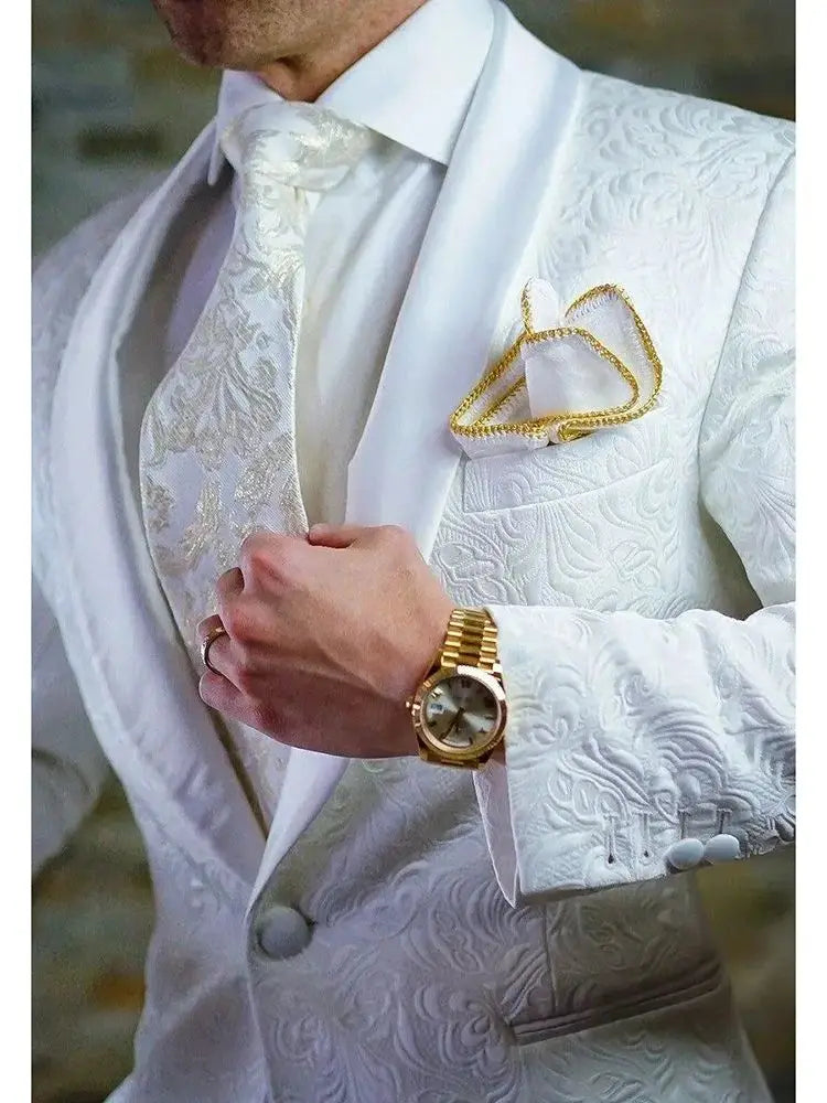 Formal Men Suits Single Breasted Shawl Lapel Blazer White Jacquard Slim Fit Wedding Full Set Chic 2 Piece Jacket Pants Outfits