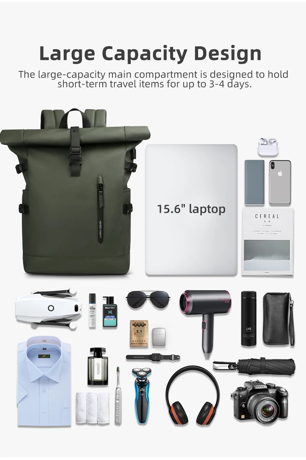 HK Expandable Waterproof Travel Backpack for Men Roll-Top Large Capacity 15.6 Inch Laptop Backpack with USB Hiking Camping Pack