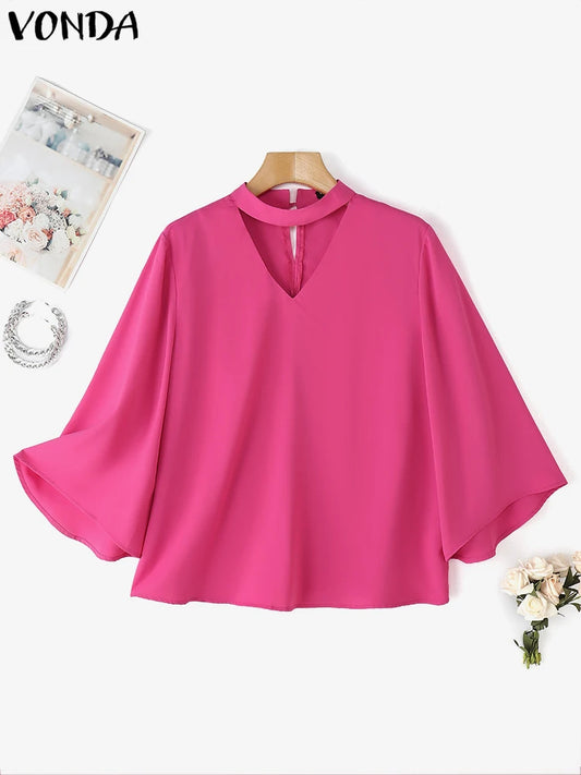 VONDA Plus Size Fashion Blouse Women Elegant OL Shirts Casual Hollow Out V Neck Solid Color Tunic Tops 3/4 Sleeve Blusas 5XL