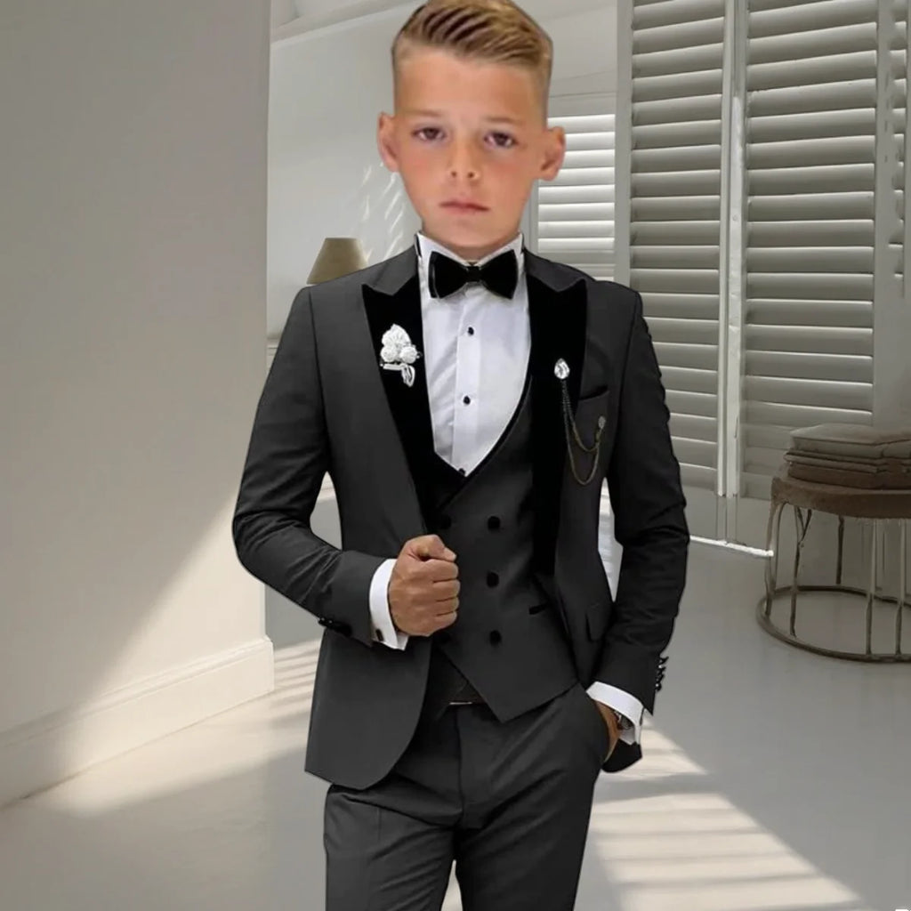 Velvet Collar Suit Set for Kids 3-14 Years, Three-Piece Wedding Suits for Boys, Toddler Suits Tuxedo Blazer Vest Pants Set