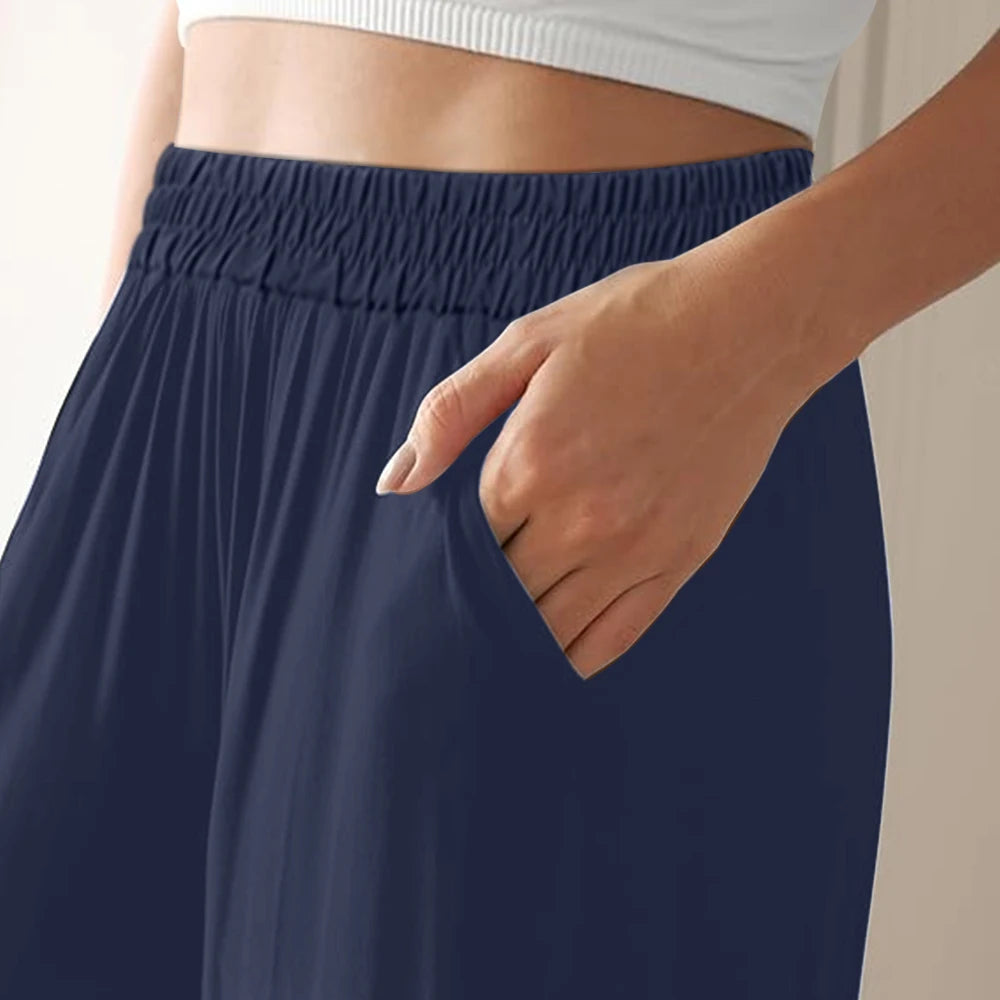 Spring Summer Women Elastic High Waisted Wide Leg Pants Female Solid Long Length Pants Casual Loose Plus Size Ladies Trousers
﻿