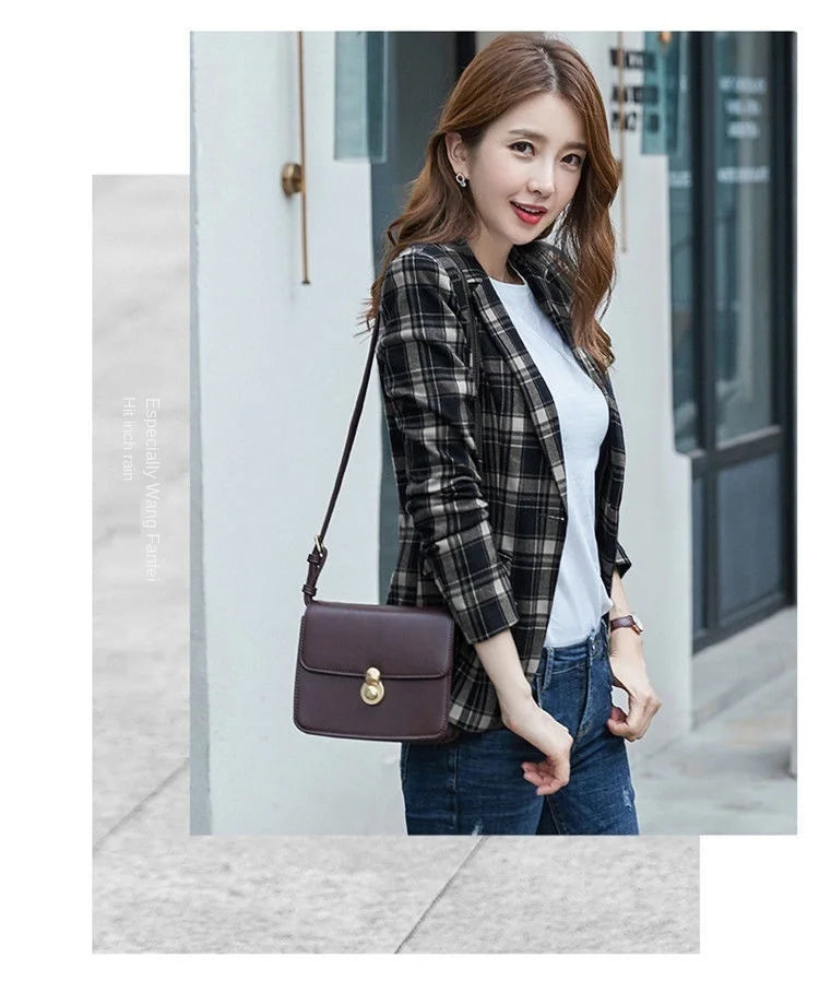 PEONFLY Vintage Casual Plaid Blazer Women Fashion Single Button Office Ladies Jacket Coat Notched Collar Long Sleeve Jacket 2023