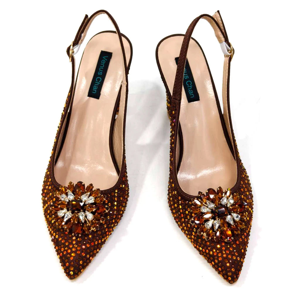Venus Chan Nigerian Women Heel Party Ladies Italian Design Shoes And Bag Set Decorated with Rhinestone Handbag Wedding Party