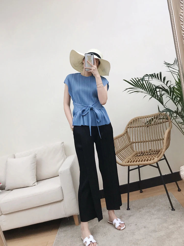 Miyake Pleated Black High Waist Split Side Straight Pants Women Causal Loose Cropped Trousers