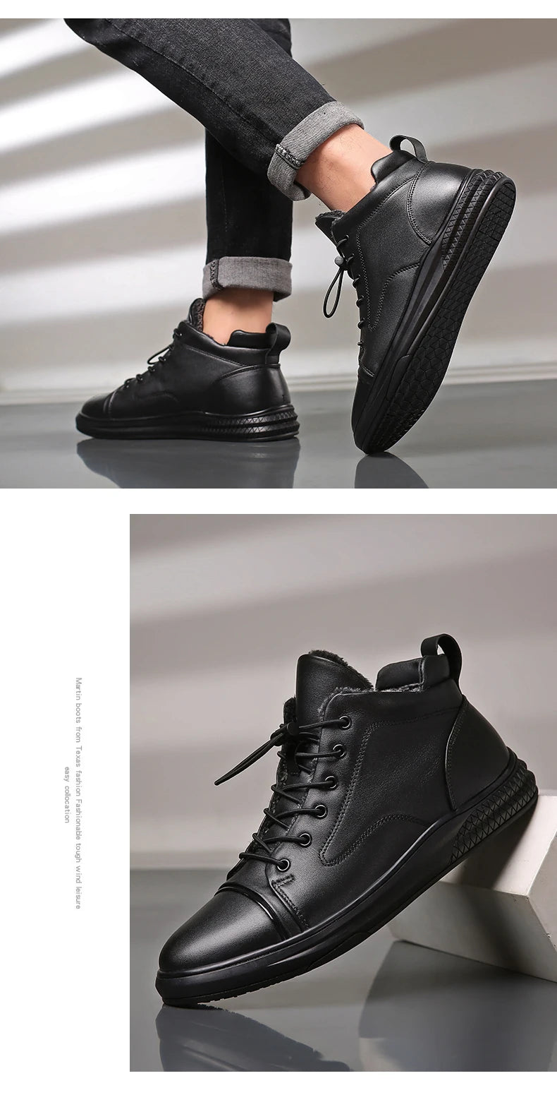 Genuine Leather Men's Casual Shoes Fashion High Top Sneakers Shoes Winter Wool Fur Warm Men Boots Outdoor Snow Non-Slip Footwear