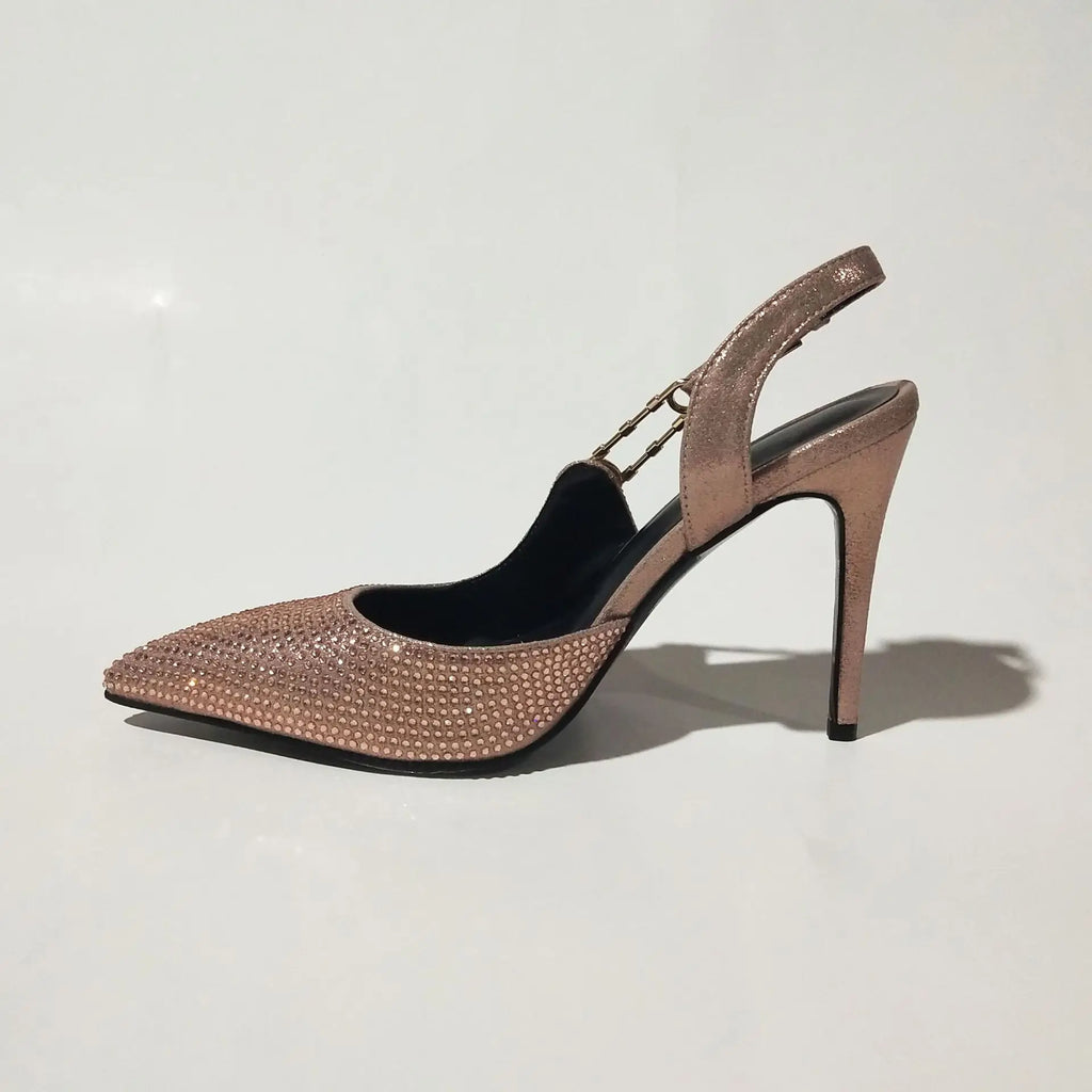 2025Women's Sexy Silk Rhinestone Pumps Belt Buckle Back Hollow Pointed Toe Thin Heel Sandals Pumps Female High Heels Party Shoes