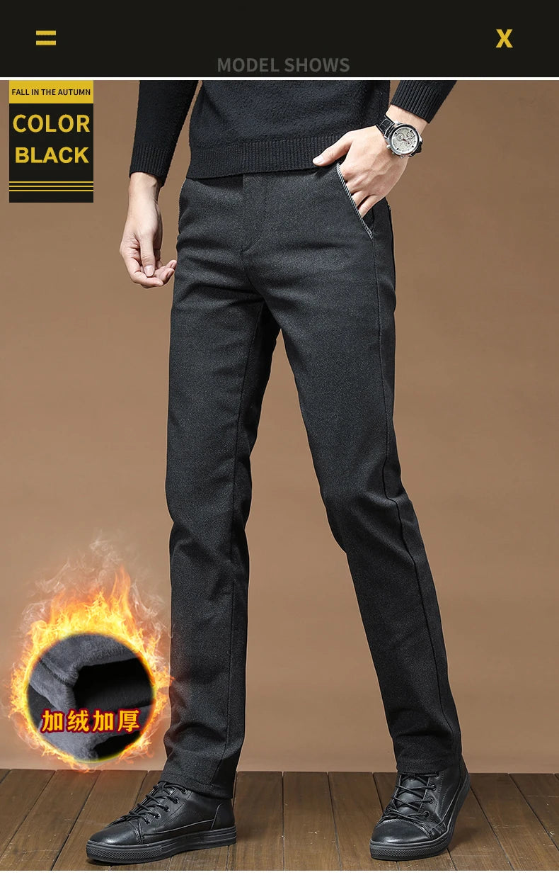 Winter Fashion Thermal Mens Casual Pants Fleece Lined Straight  Business Trousers Versatile Black Gray Blue Brand Trousers