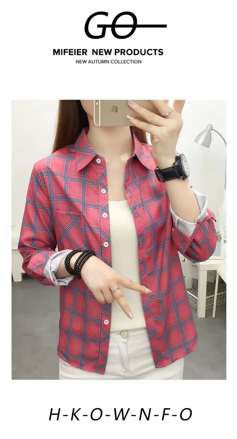 2024 Autumn New College Style Plaid Shirts Womens Long sleeve Button Down Casual Tops Loose Fashion Polo Neck Blouses