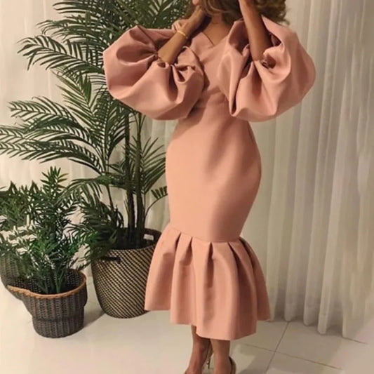 African Women's Fashion Solid Color V-neck Bubble Long-sleeved Fishtail Skirt European and American Dress