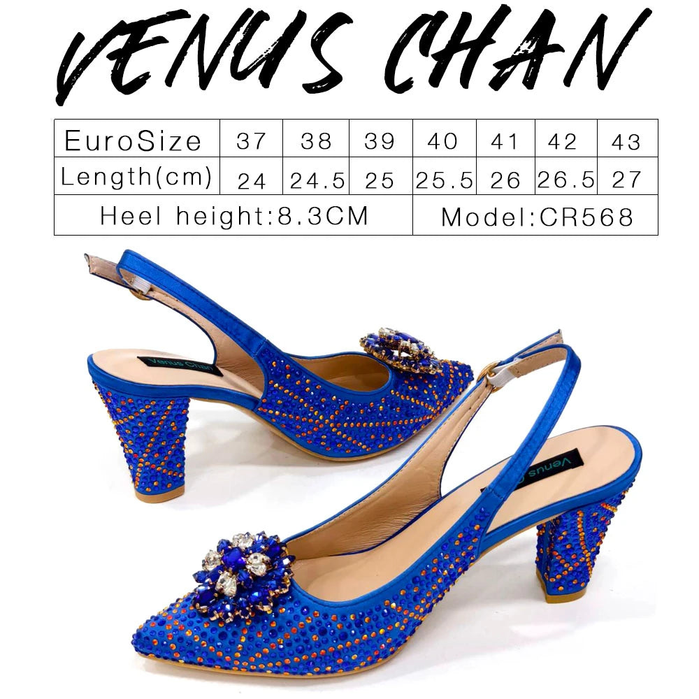 Venus Chan Nigerian Women Heel Party Ladies Italian Design Shoes And Bag Set Decorated with Rhinestone Handbag Wedding Party
