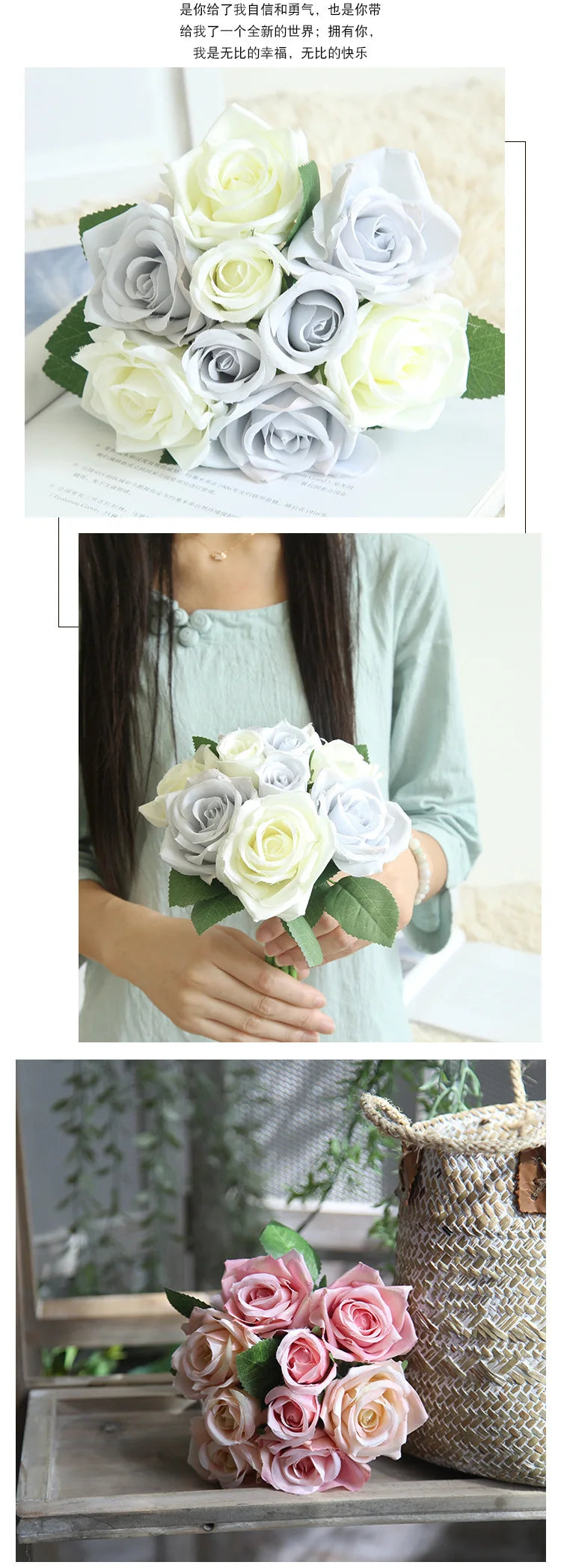 9 Head Artificial Bouquet Rose Bouquet Wedding Decor Artificial Flower Home Decoration Accessories Silk Flowers