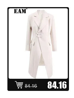 [EAM] Women Beige Irregular Hem Buckle Long Elegant Blazer New Lapel Long Sleeve Jacket Fashion Tide Spring Autumn 2025 CPDB133