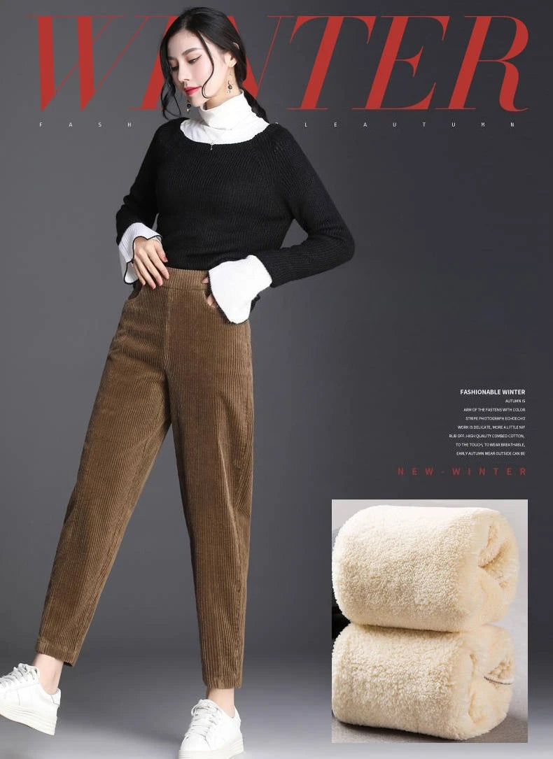 Corduroy Pants Women Winter Plush Lined Wide Leg Relaxed Fit Fleece Insulated Ribbed Trousers Vintage Street Style Leggings