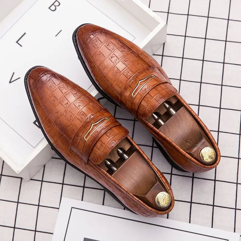 Men's Crocodile Pattern Black Loafers – Pointed Toe Slip-On Wedding Oxford
