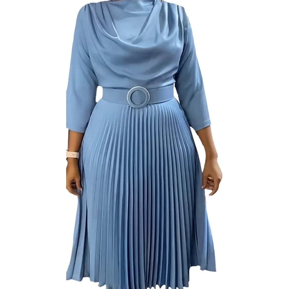 Elegant Pleated Dress for Women Professional Round Neck Full Sleeve Belt Waisted Mid Calf Formal Business Work Dress New