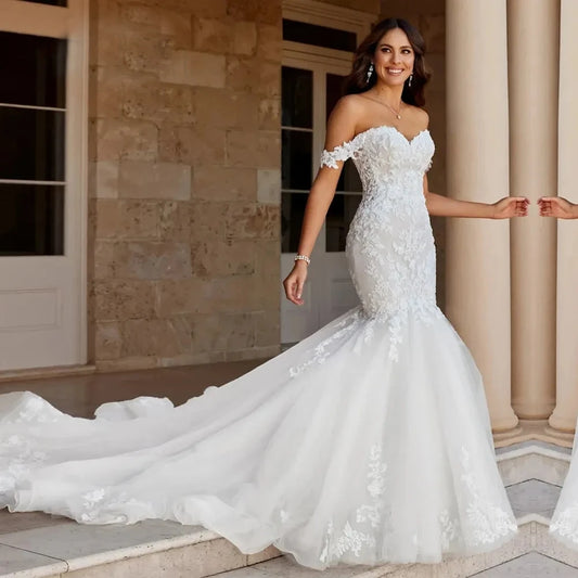 Boho Off The Shoulder Woman's Wedding Dresses 2025 Appliques Mermaid Fuffy Tulle Bride Gowns Formal Vestidos De Novia Customized