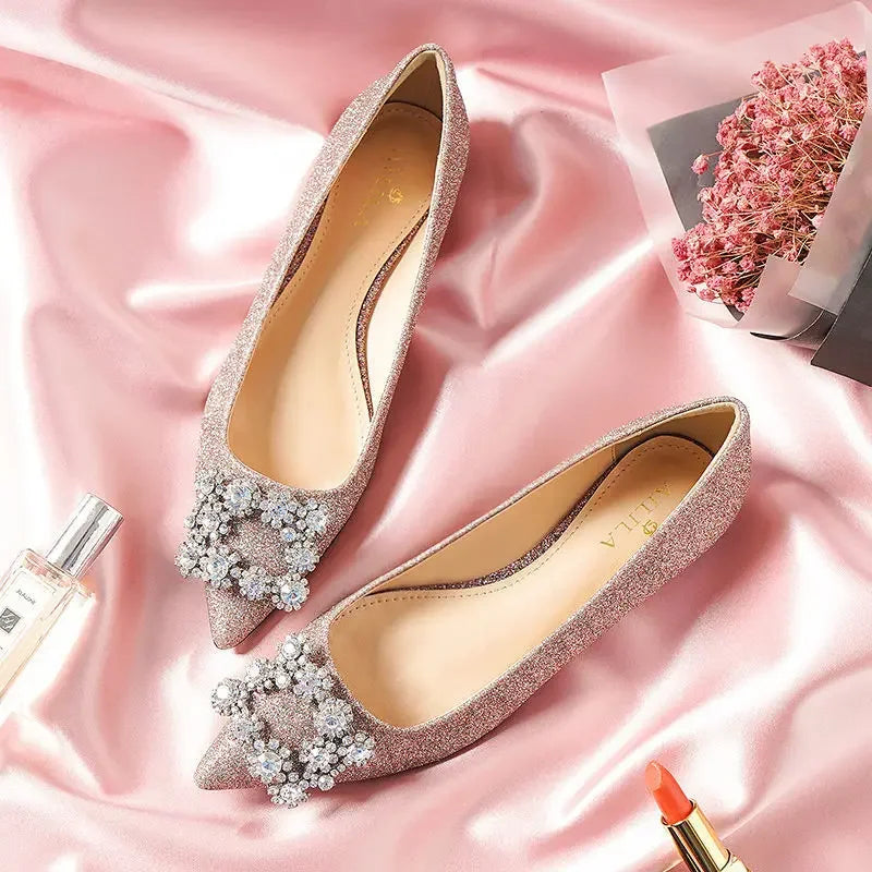 Wedding Shoes Woman Square Buckle Crystal Pointed Toe Flats Glitter Shallow Slip On Comfy Loafers Bling Bling