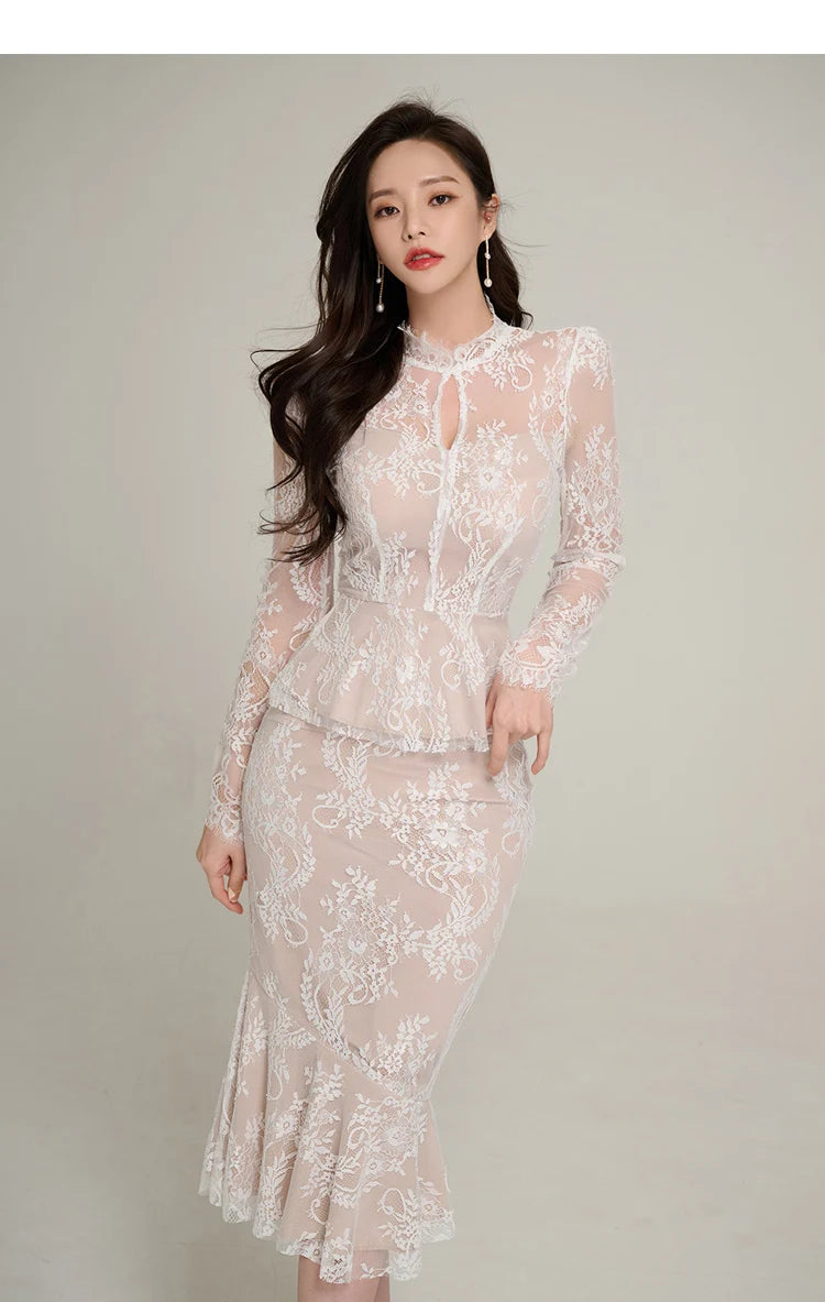 Spring Professional Woman Lace 2 Pieces Set Simple Tops + Vintage High Waist Mermaid Skirt Korean Skirts Suits