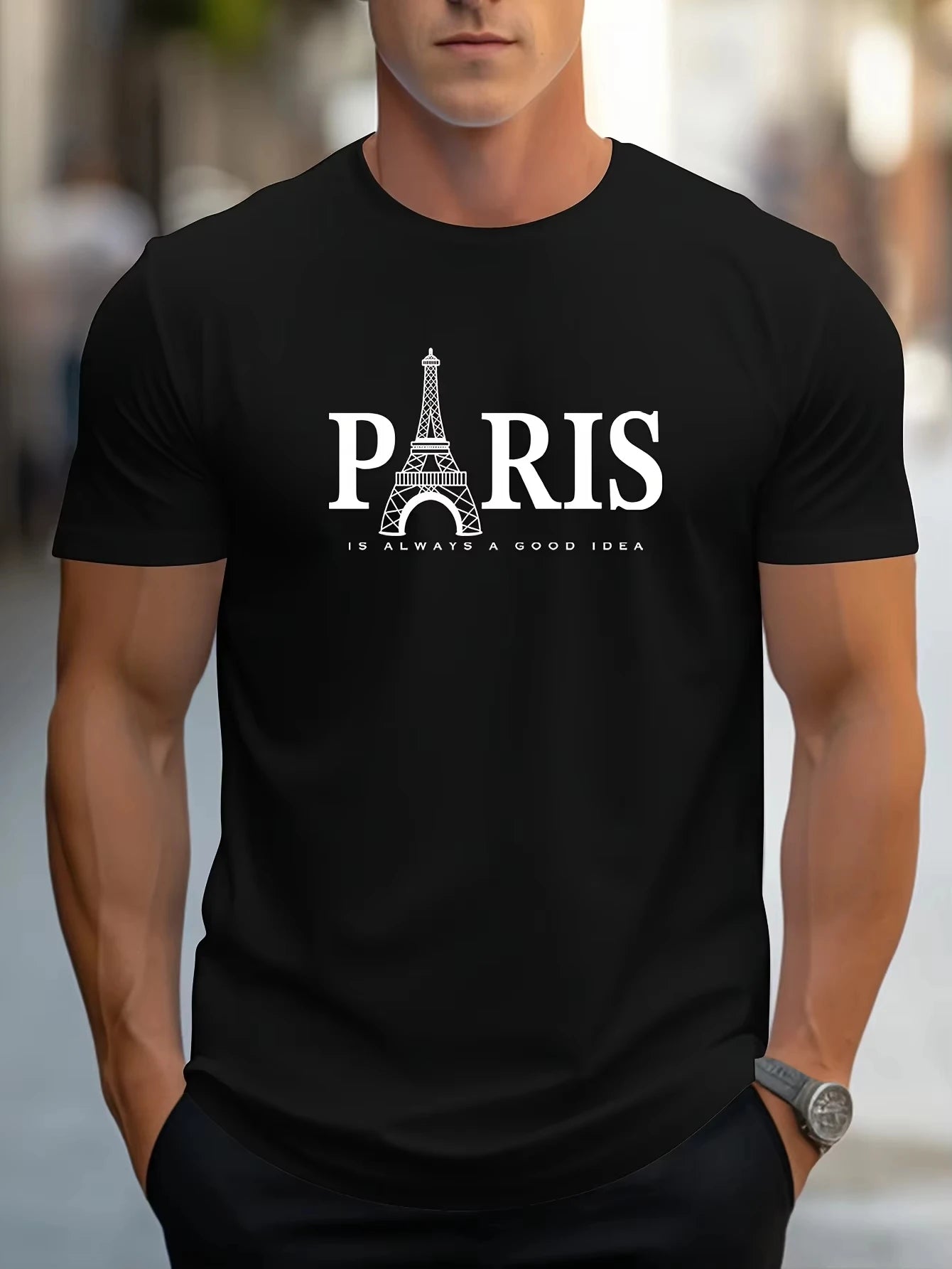 (Uniqlo）Men's 100% Pure Cotton Summer Loose Size Paris Letter Print Comfortable Short Sleeved T-Shirt Top Men Clothing Tshirt