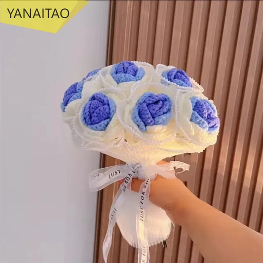 Handmade Knitted Crochet Artificial Rose Bouquet DIY Material Pack Wedding Decoration Bride Holding Flowers Valentine's Day Gift